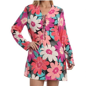 LA BLANCA NEW In Full Bloom Lace Up Tunic Cover-up Size S